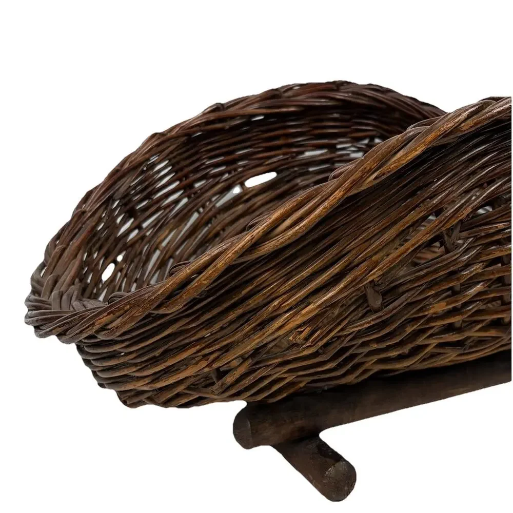 Large Rustic Wicker Harvest Basket Wood Base Fire Log Holder Blanket Storage